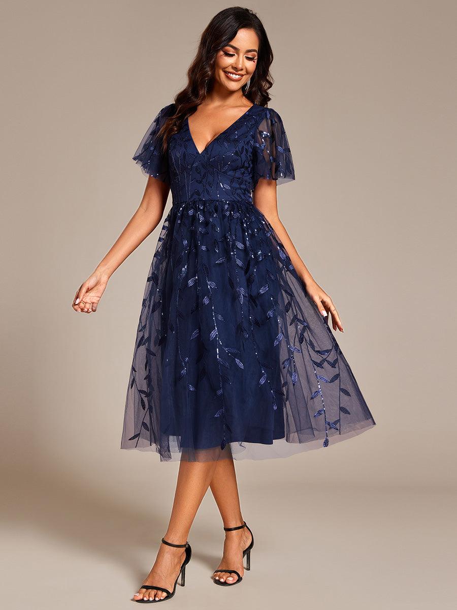 Robe d'invité de mariage formelle mi-longue à paillettes et feuilles à manches courtes #Couleur_Bleu Marine