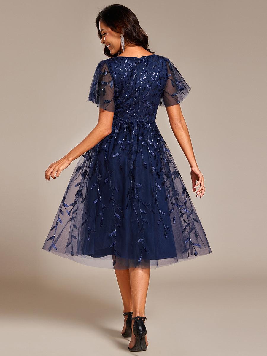 Robe d'invité de mariage formelle mi-longue à paillettes et feuilles à manches courtes #Couleur_Bleu Marine