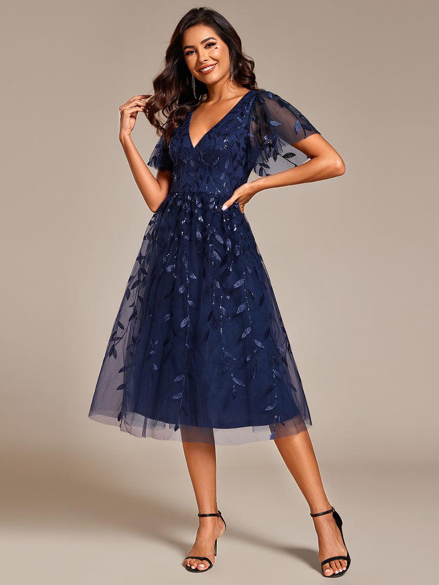 Robe d'invité de mariage formelle mi-longue à paillettes et feuilles à manches courtes #Couleur_Bleu Marine