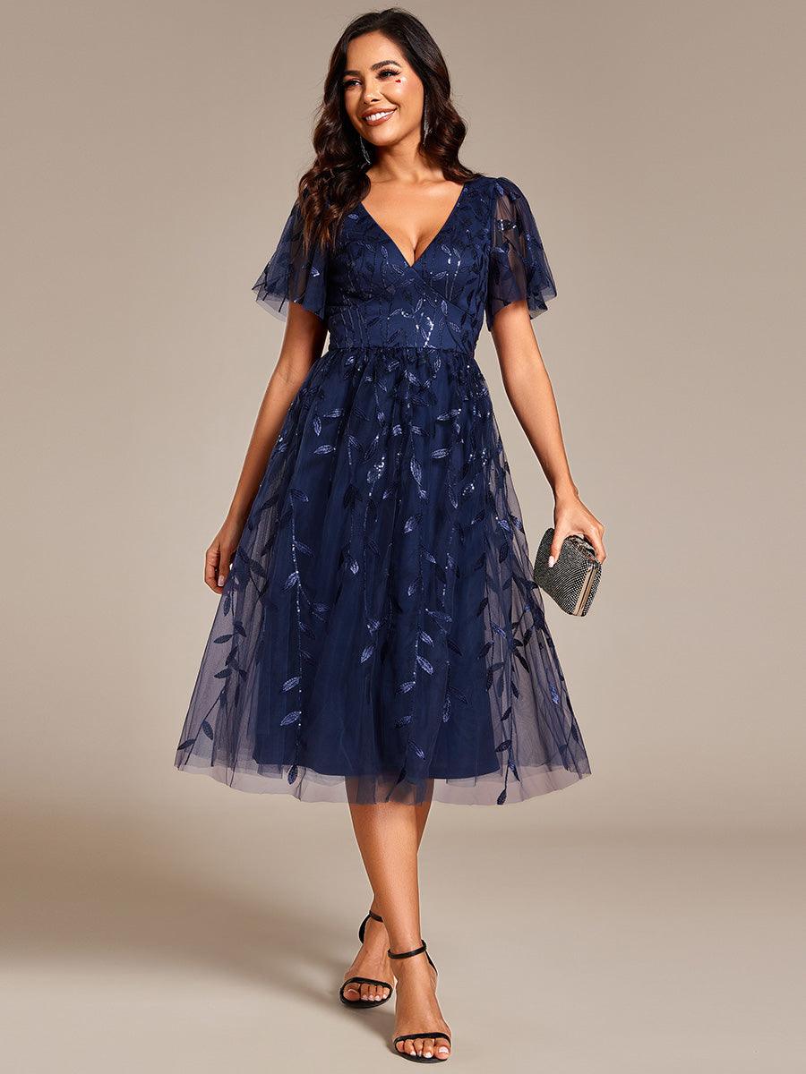 Robe d'invité de mariage formelle mi-longue à paillettes et feuilles à manches courtes #Couleur_Bleu Marine