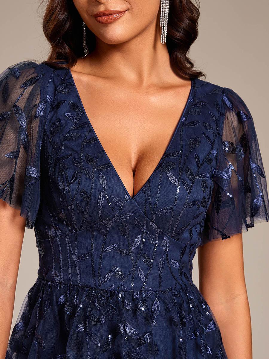 Robe d'invité de mariage formelle mi-longue à paillettes et feuilles à manches courtes #Couleur_Bleu Marine