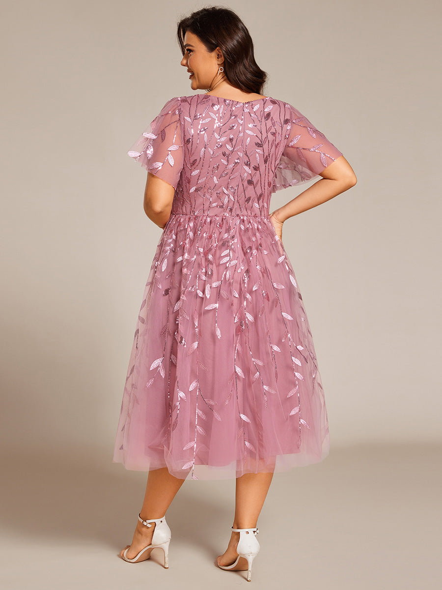 Robe d'invité de mariage formelle mi-longue à paillettes et feuilles à manches courtes #Couleur_Orchidee