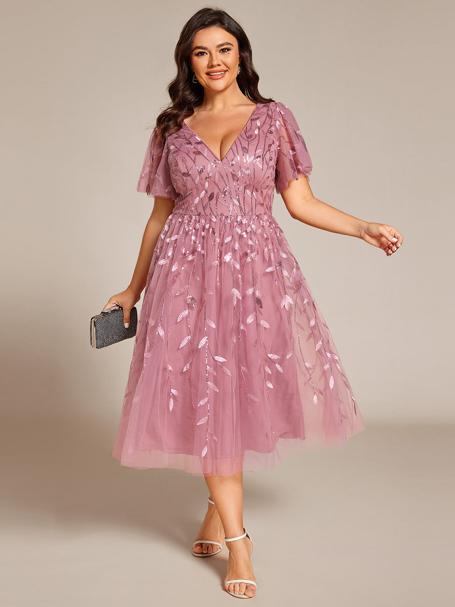 Robe d'invité de mariage formelle mi-longue à paillettes et feuilles à manches courtes #Couleur_Orchidee