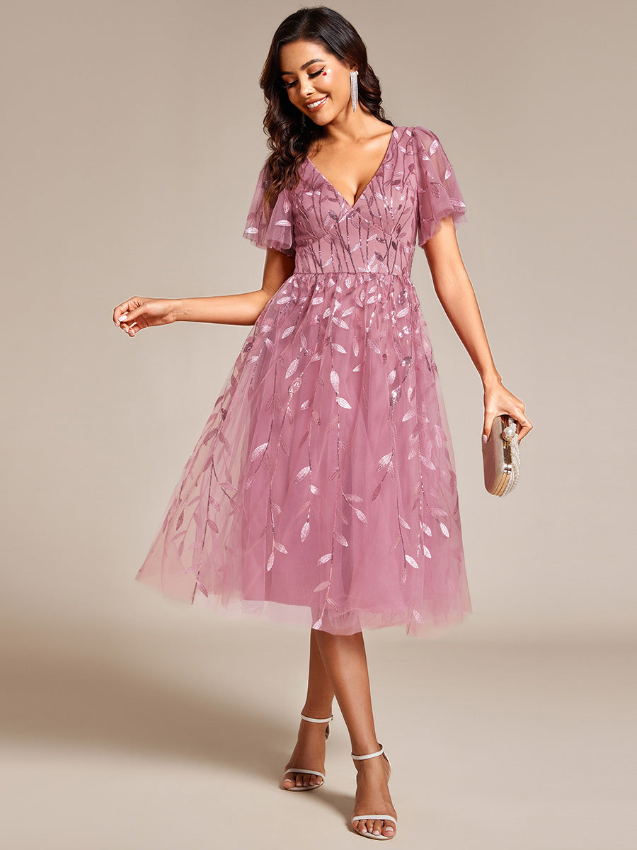 Robe d'invité de mariage formelle mi-longue à paillettes et feuilles à manches courtes #Couleur_Orchidee