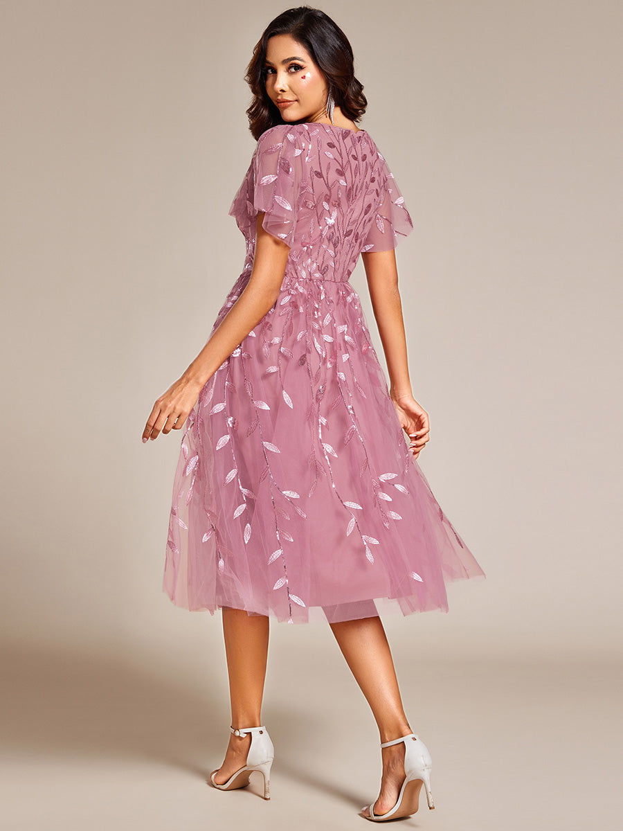 Robe d'invité de mariage formelle mi-longue à paillettes et feuilles à manches courtes #Couleur_Orchidee