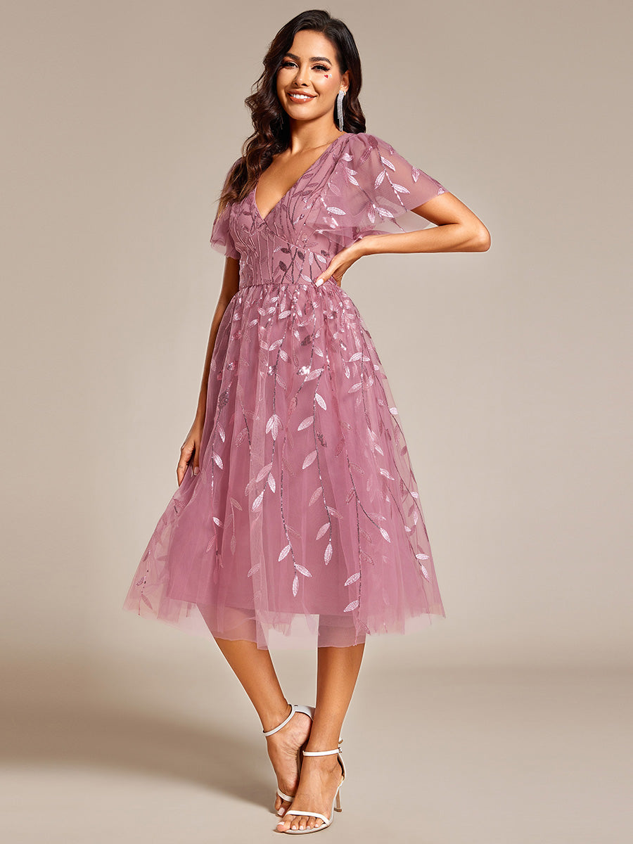 Robe d'invité de mariage formelle mi-longue à paillettes et feuilles à manches courtes #Couleur_Orchidee