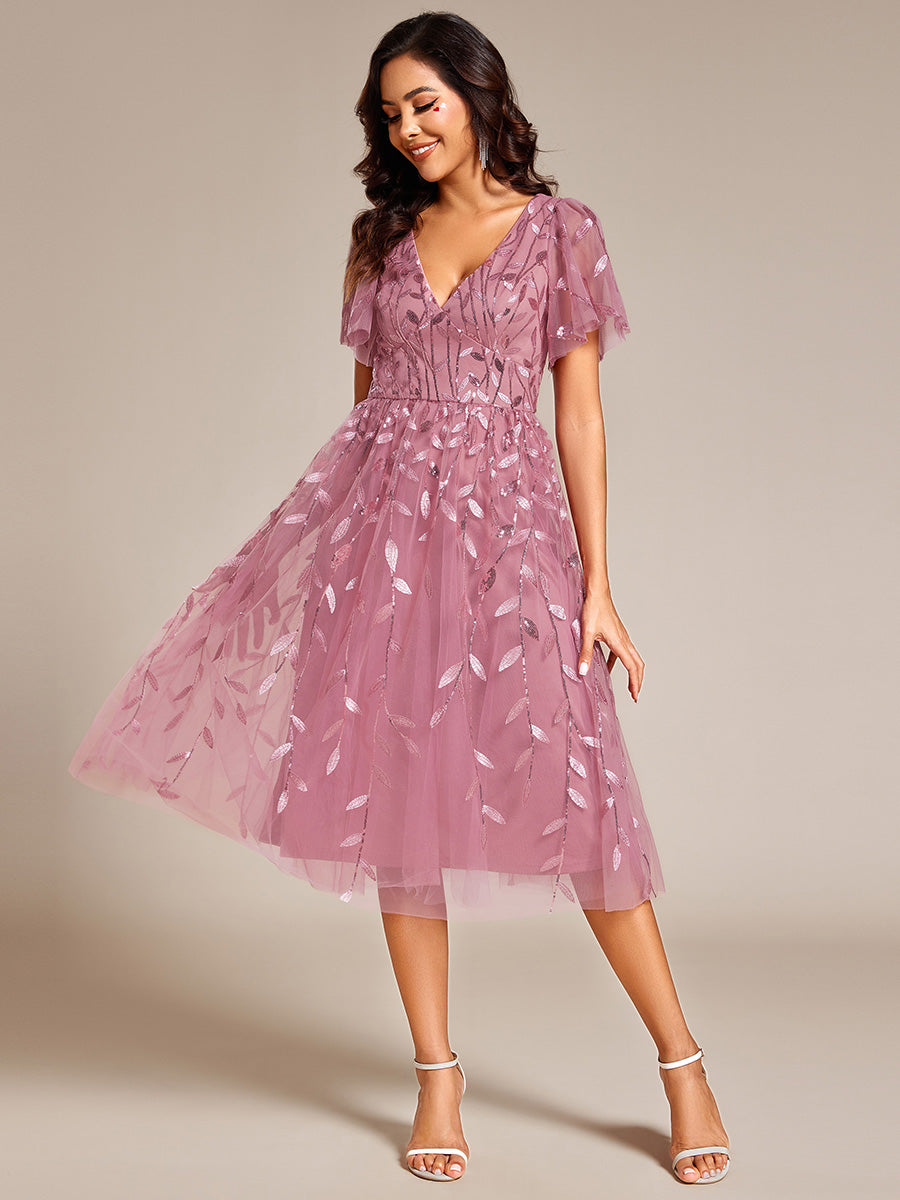 Robe d'invité de mariage formelle mi-longue à paillettes et feuilles à manches courtes #Couleur_Orchidee