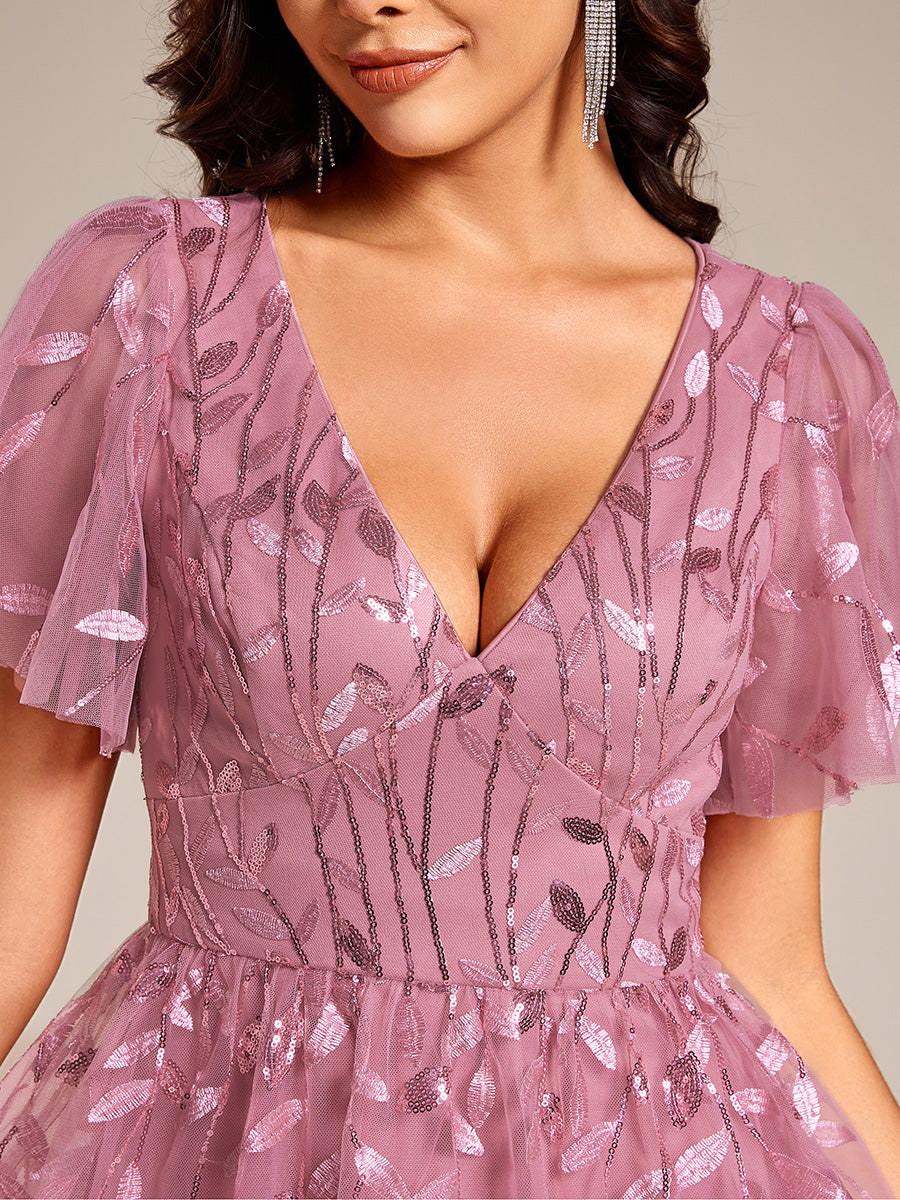 Robe d'invité de mariage formelle mi-longue à paillettes et feuilles à manches courtes #Couleur_Orchidee