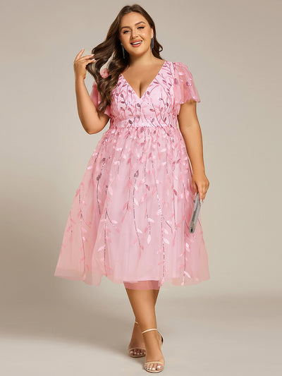 pretty SIMONE|Robe d'invité de mariage formelle en tulle mi-longue scintillante de grande taille avec paillettes de feuilles