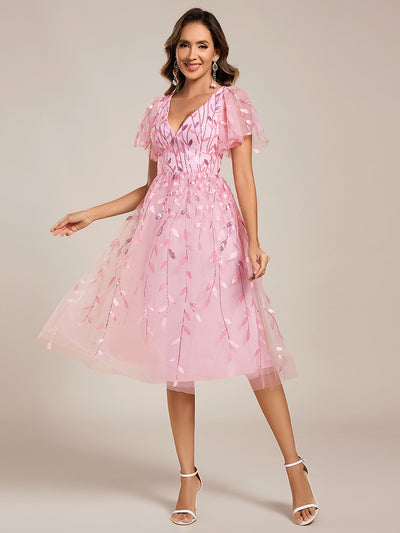 ever SIMONE|Robe d'invité de mariage formelle mi-longue à paillettes et feuilles à manches courtes