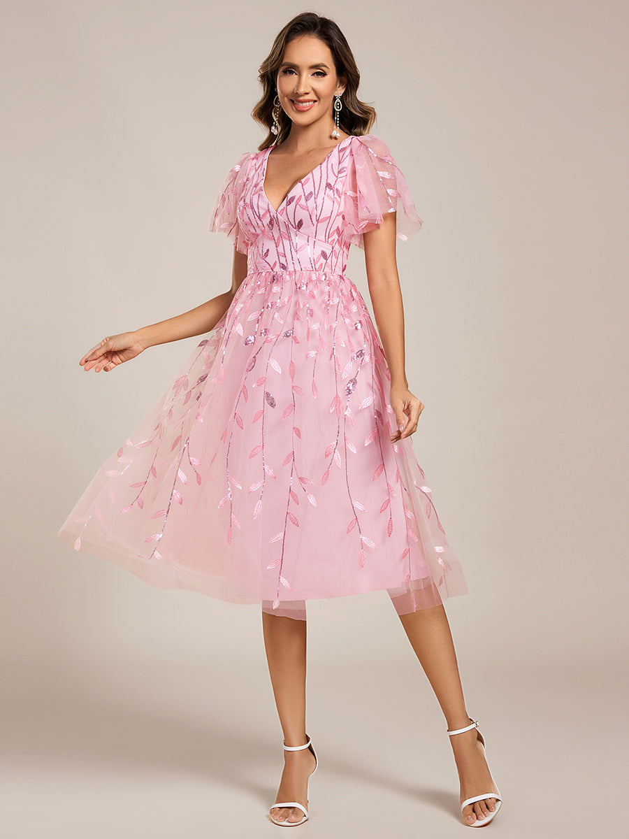 Robe d'invité de mariage formelle mi-longue à paillettes et feuilles à manches courtes #Couleur_Rose