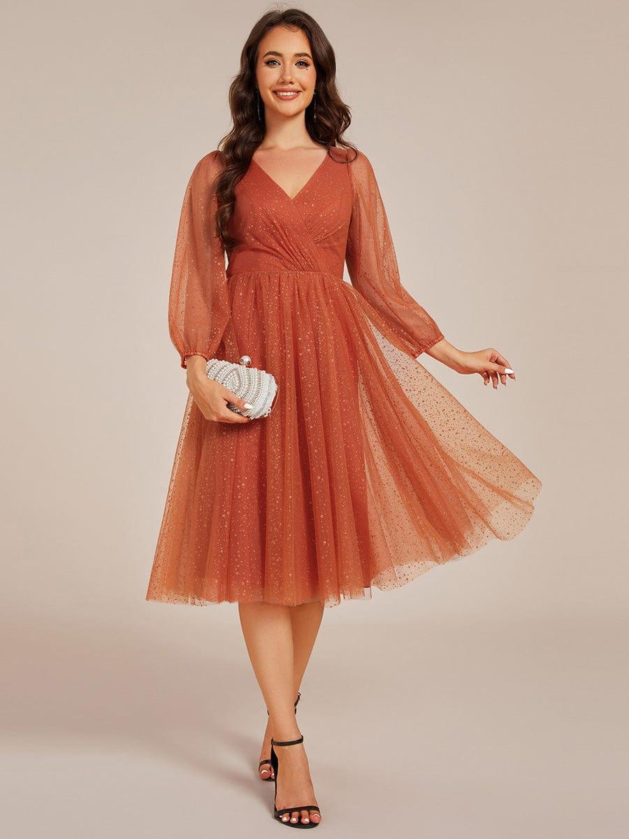 Robe de mariée mi-longue à manches longues et col en V scintillante #Couleur_Orange Brûlée