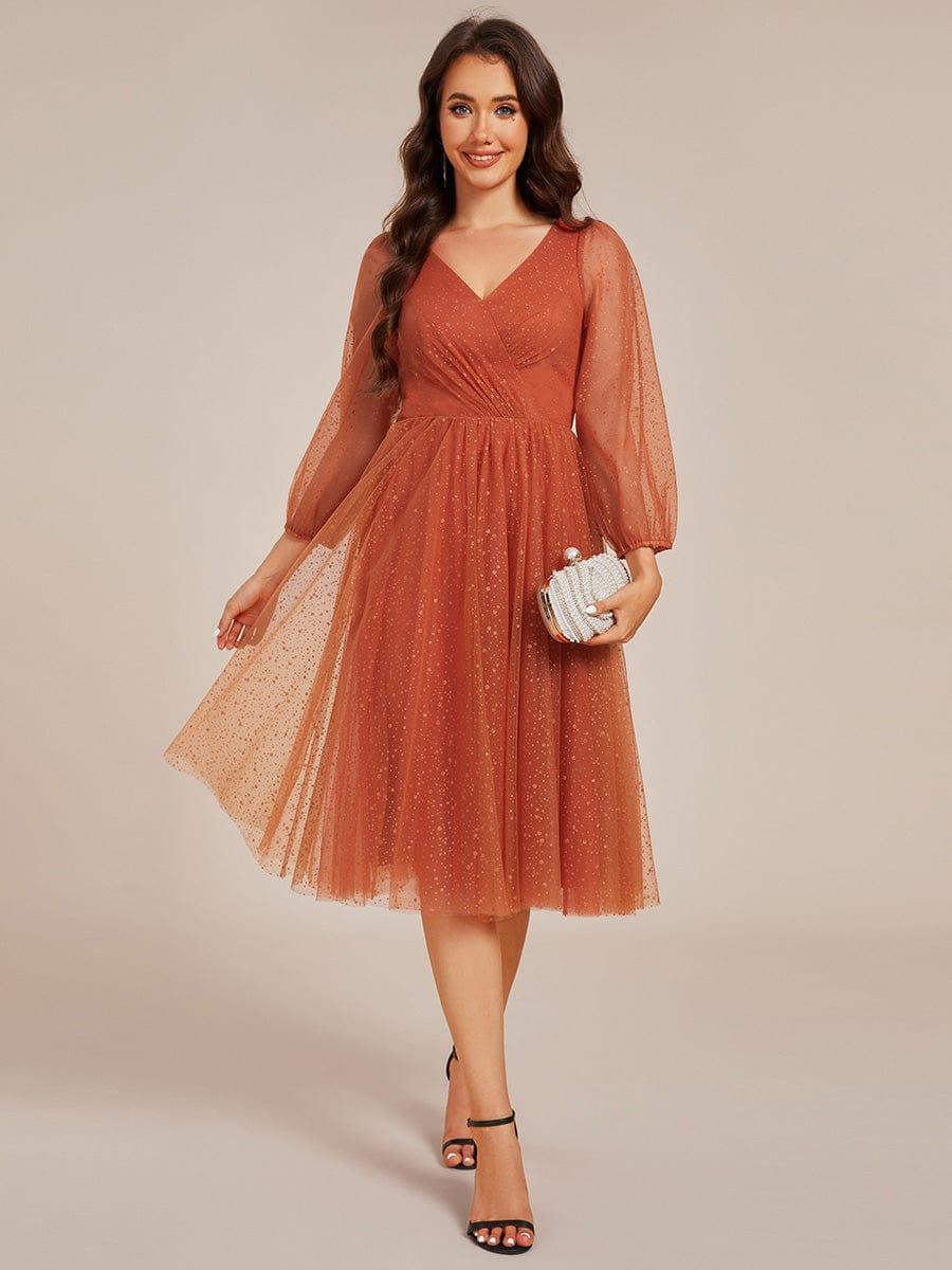 Robe de mariée mi-longue à manches longues et col en V scintillante #Couleur_Orange Brûlée