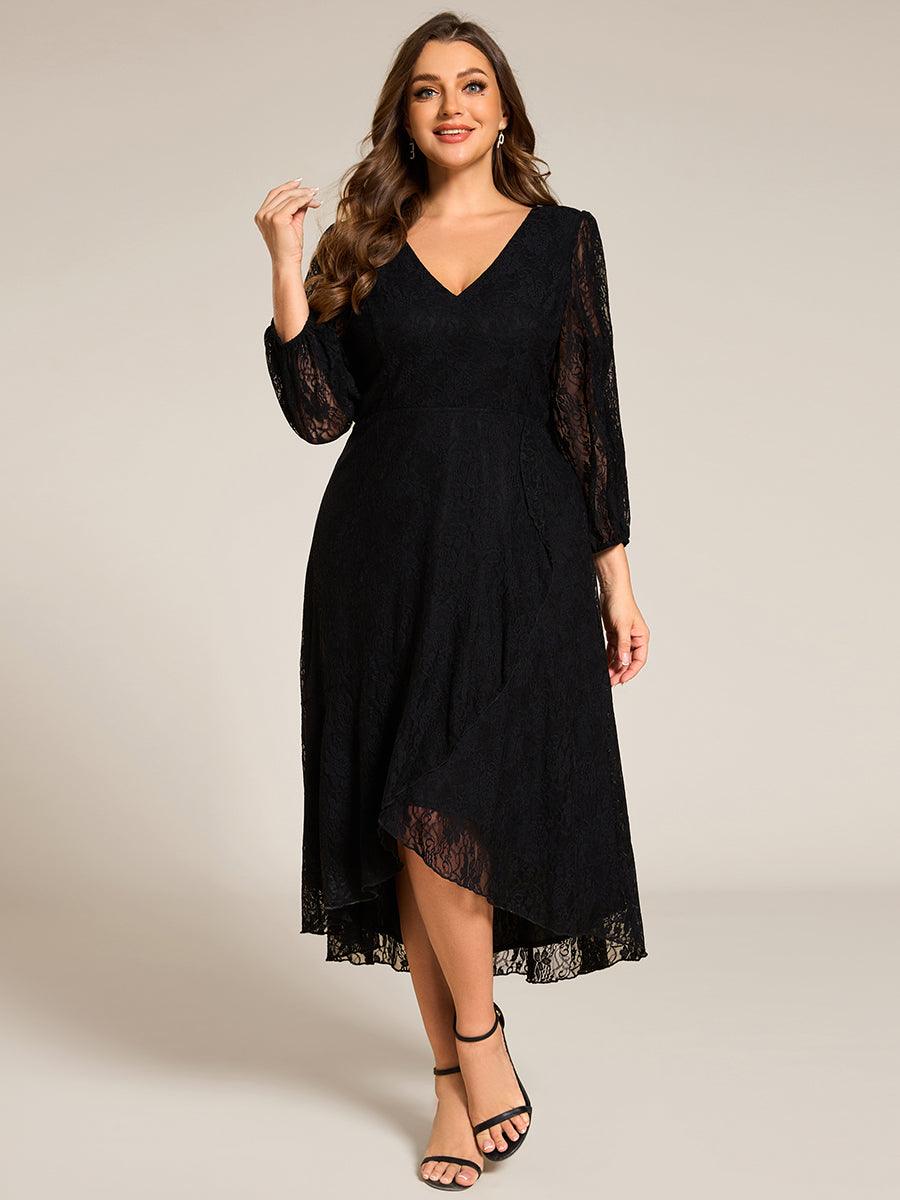 Robe d'invité de mariage à manches longues et col en V en dentelle de grande taille-eg02246 #Couleur_Noir