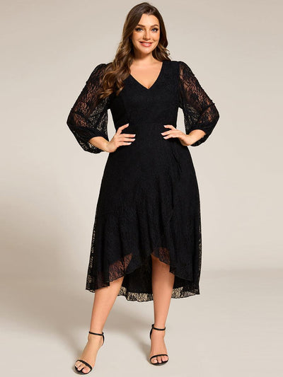 pretty CAMILLE|Robe d'invité de mariage à manches longues et col en V en dentelle de grande taille