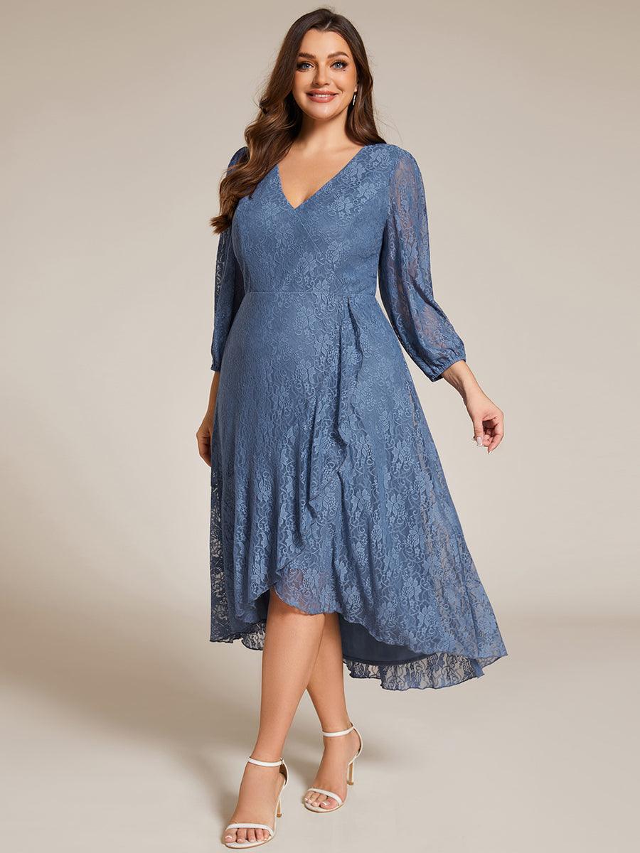 Robe d'invité de mariage à manches longues et col en V en dentelle de grande taille-eg02256 #Couleur_Marine Fume