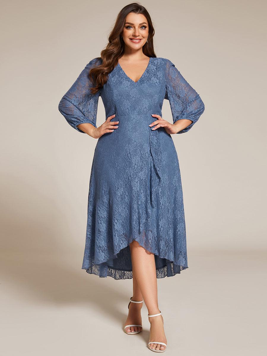 Robe d'invité de mariage à manches longues et col en V en dentelle de grande taille-eg02257 #Couleur_Marine Fume