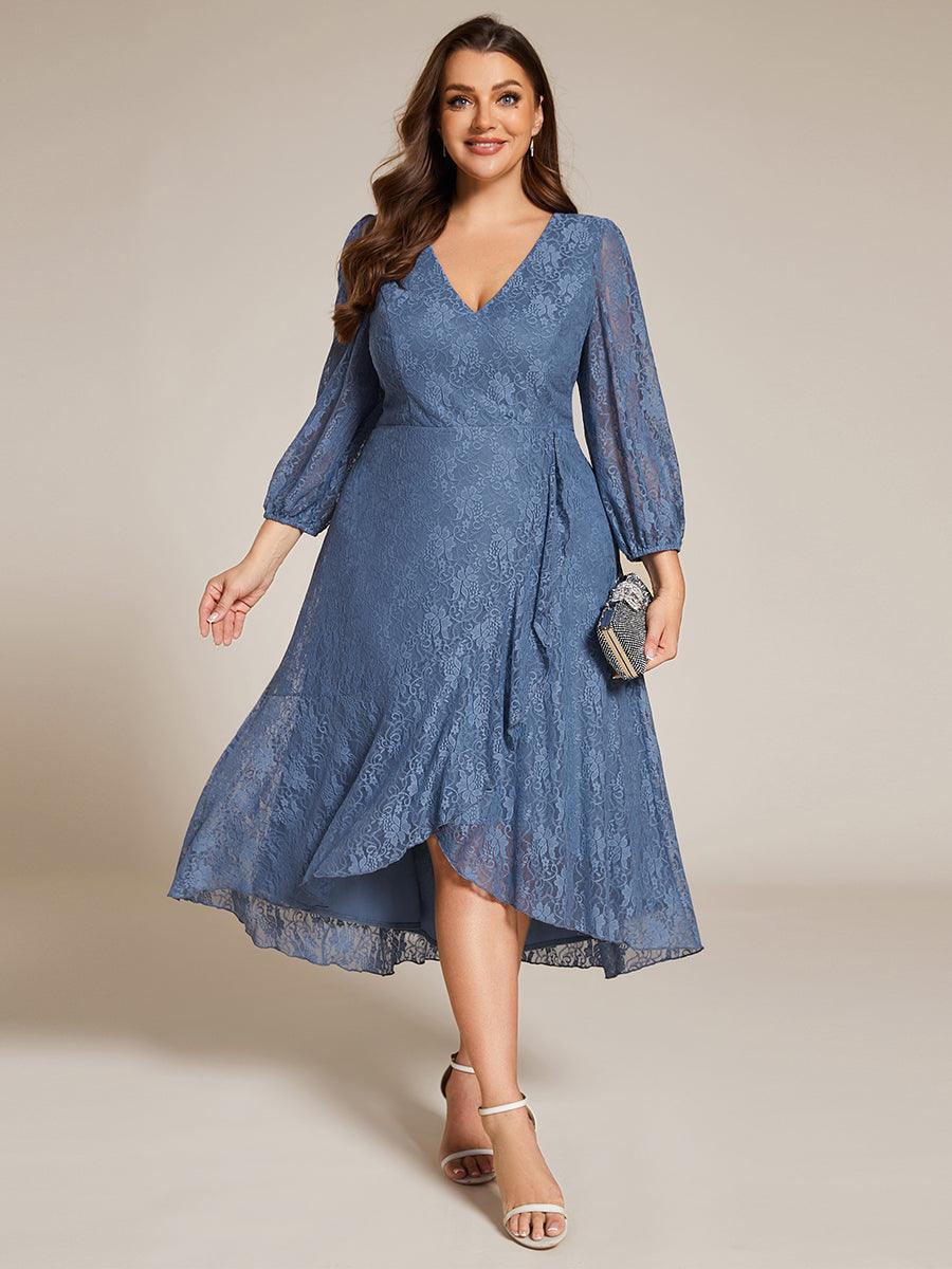 Robe d'invité de mariage à manches longues et col en V en dentelle de grande taille-eg02253 #Couleur_Marine Fume