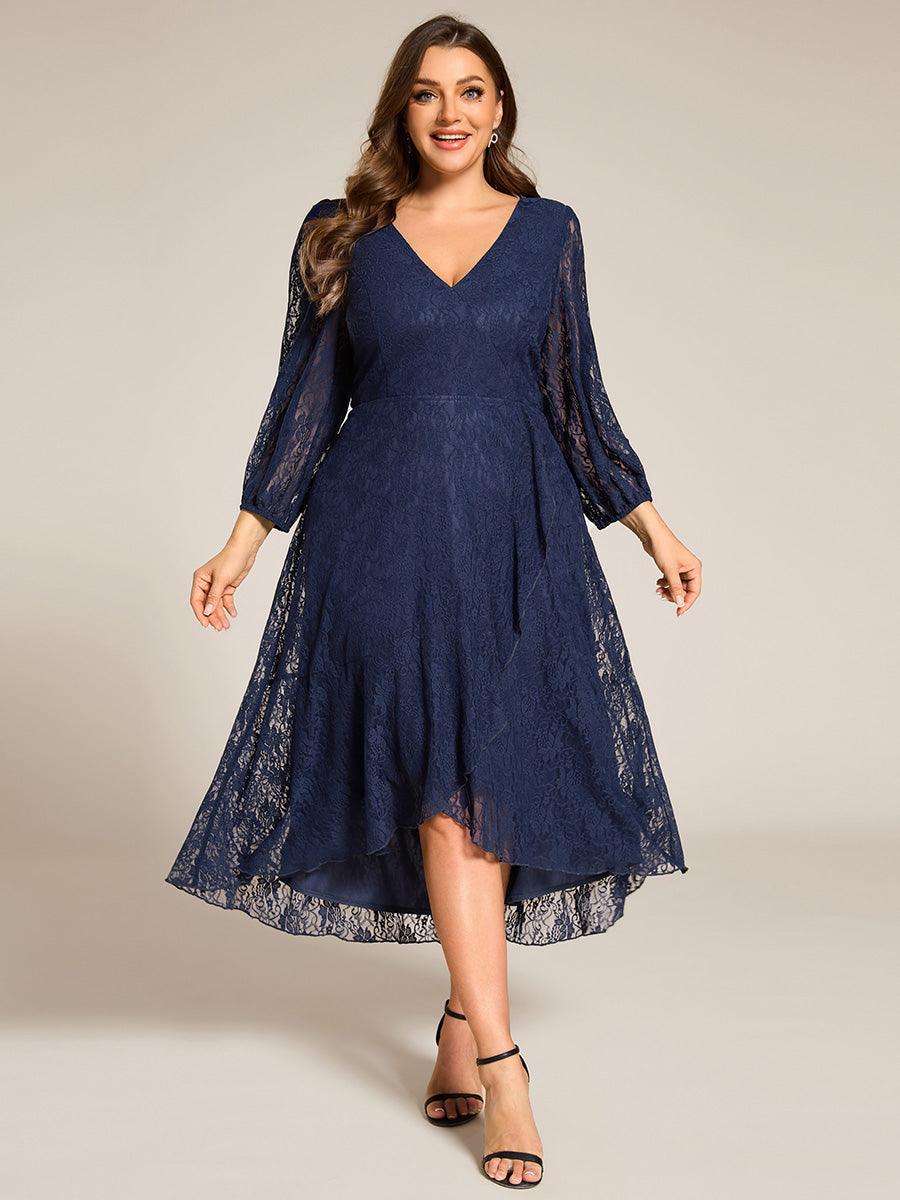Robe d'invité de mariage à manches longues et col en V en dentelle de grande taille-eg02242 #Couleur_Bleu Marine