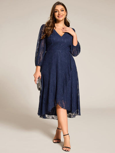 pretty CAMILLE|Robe d'invité de mariage à manches longues et col en V en dentelle de grande taille