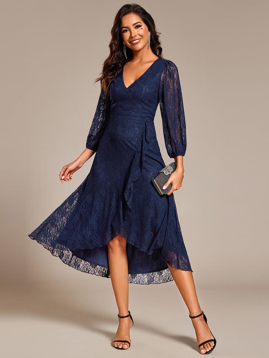 Robe de mariée mi-longue élégante en dentelle à manches longues et coupe trapèze? #Couleur_Bleu Marine