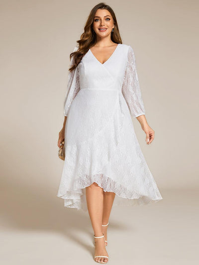 pretty CAMILLE|Robe d'invité de mariage à manches longues et col en V en dentelle de grande taille