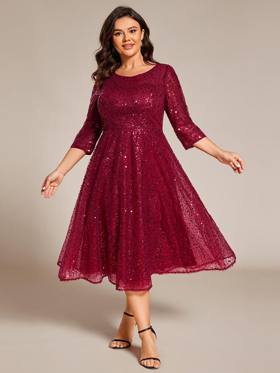 Robe d'invitée de mariage grande taille à manches 3/6 et à paillettes #Couleur_Bordeaux