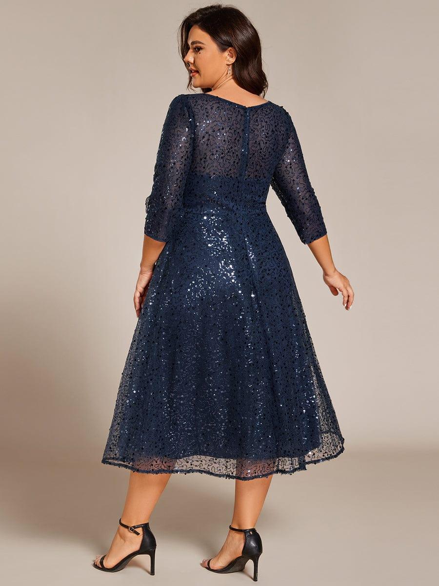 Robe d'invitée de mariage grande taille à manches 3/6 et à paillettes #Couleur_Bleu Marine