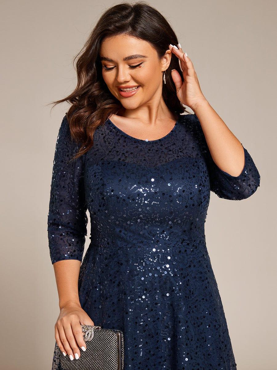 Robe d'invitée de mariage grande taille à manches 3/7 et à paillettes #Couleur_Bleu Marine