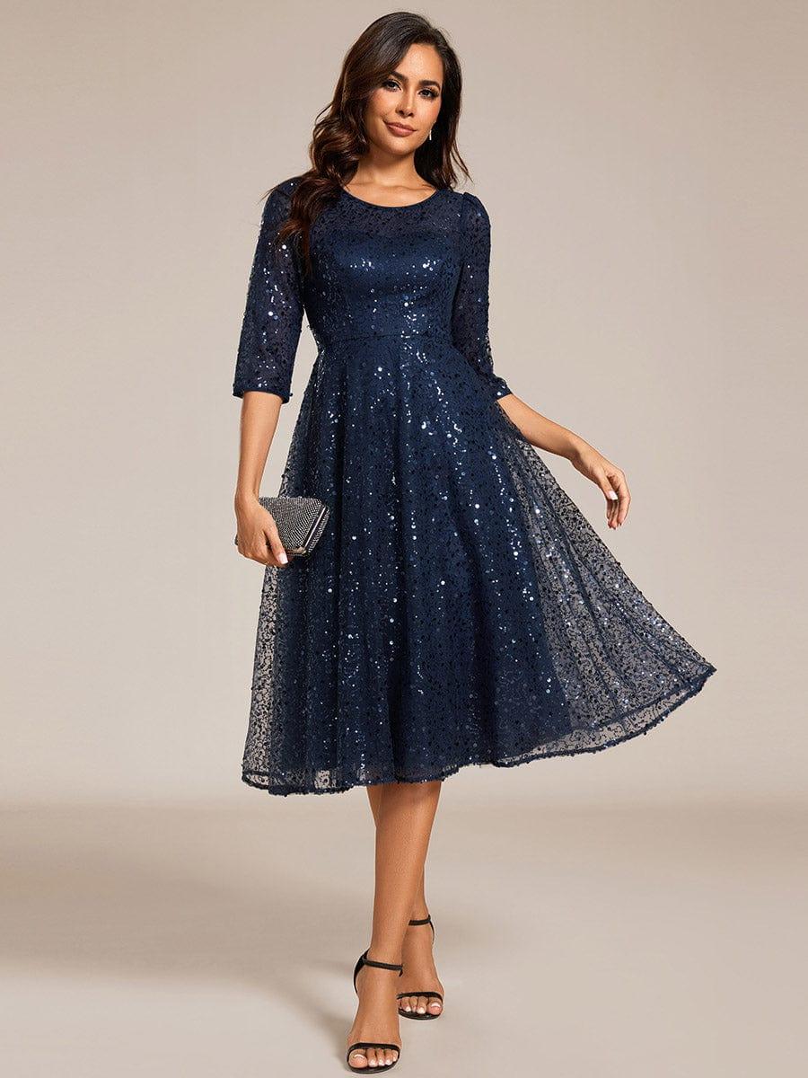 Robe d'invitée de mariage à manches 3/20 et col rond en sequins #Couleur_Bleu Marine