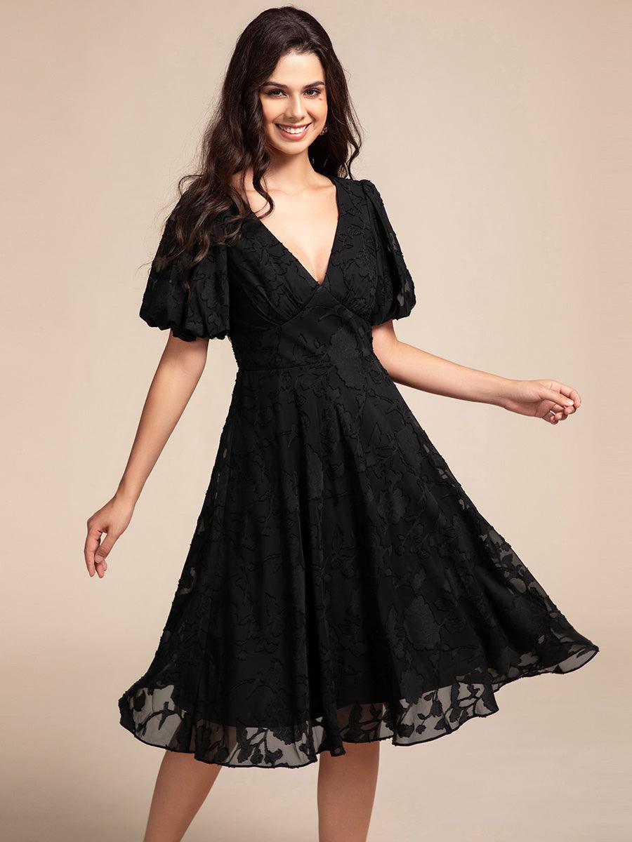Robe d'invitée de mariage mi-longue à col en V et manches courtes #Couleur_Noir