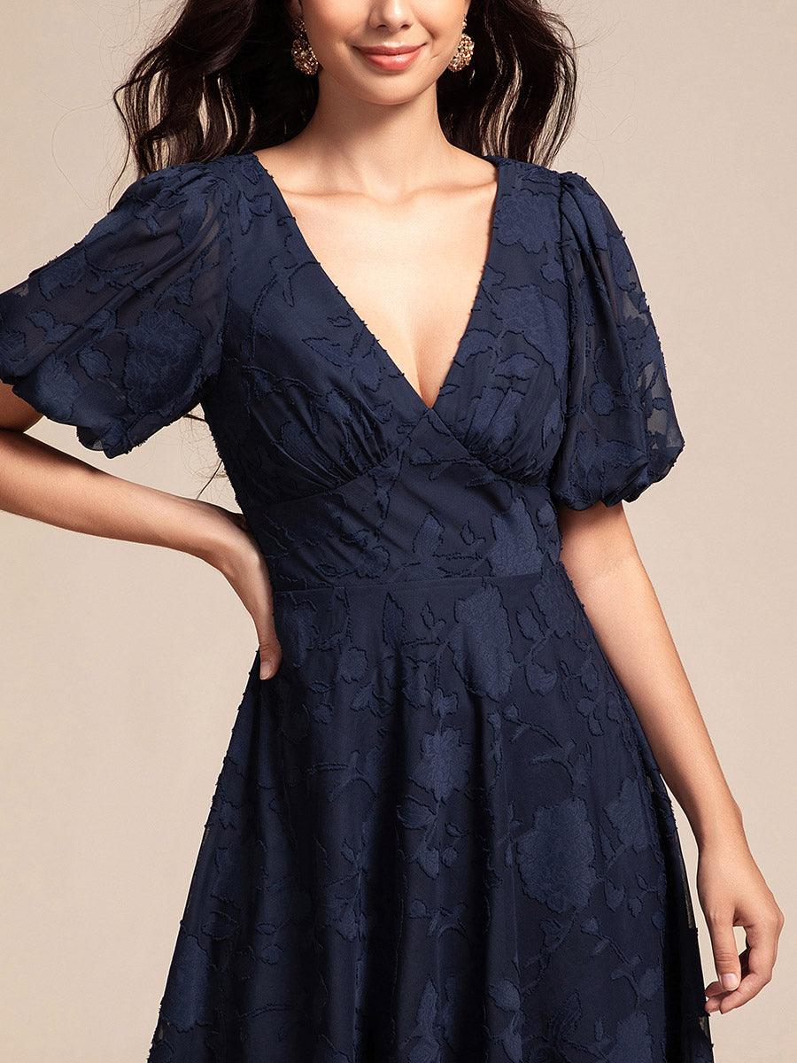 Robe d'invitée de mariage mi-longue à col en V et manches courtes #Couleur_Bleu Marine