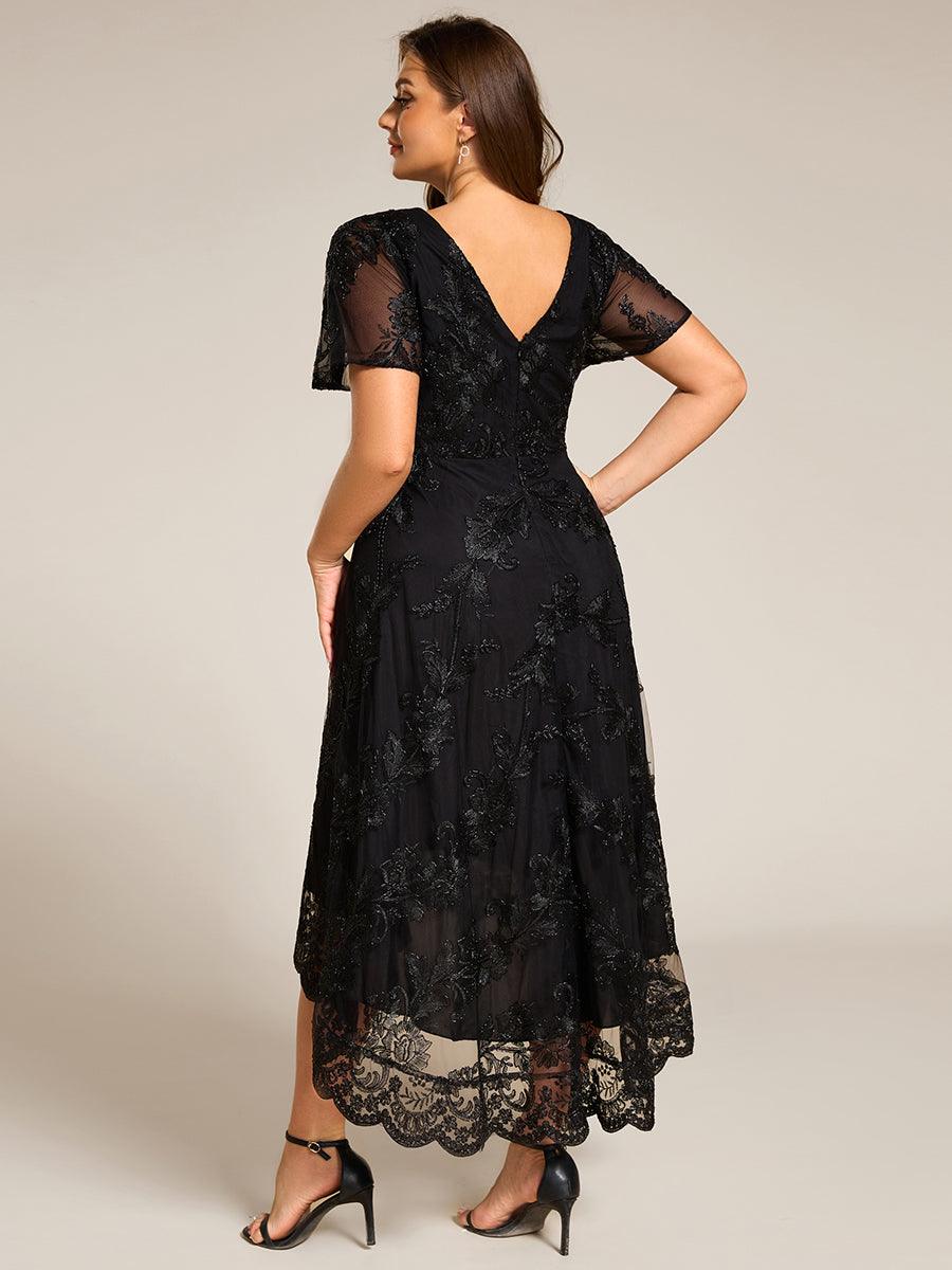 Robe d'invitée de mariage mi-longue à col en V et en maille brodée grande taille? #Couleur_Noir