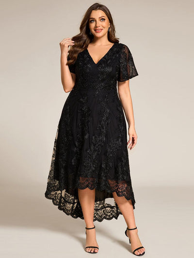 pretty TIDAL|Robe d'invitée de mariage mi-longue à col en V et en maille brodée grande taille
