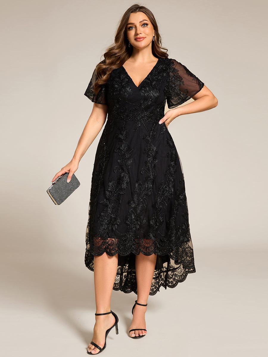 Robe d'invitée de mariage mi-longue à col en V et en maille brodée grande taille? #Couleur_Noir