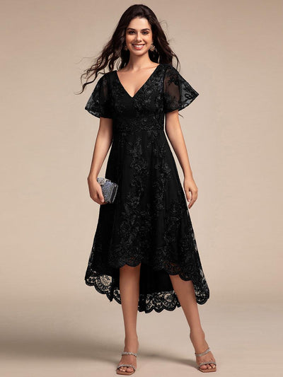 ever TIDAL|Robe invitée mariage mi-longue à manches courtes et col en V double en maille brodée