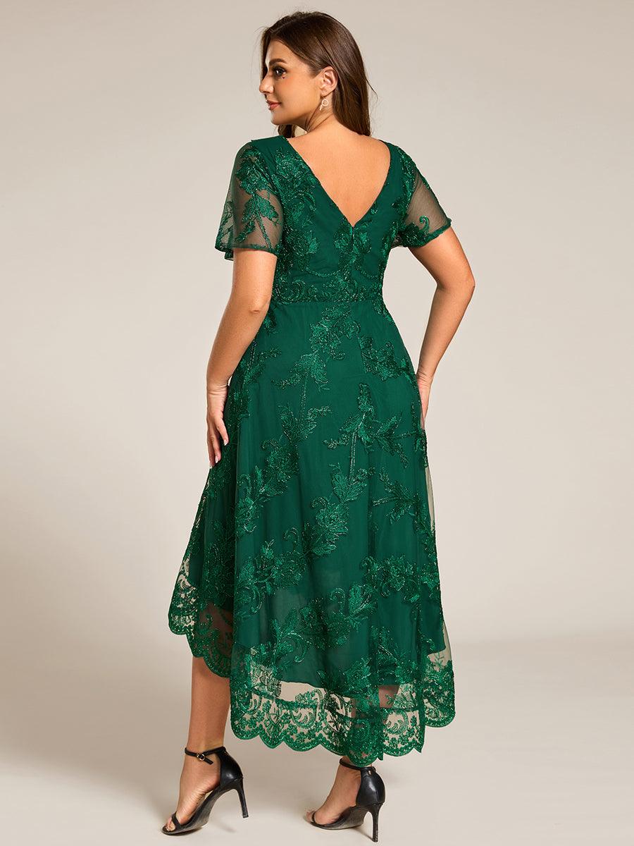 Robe d'invitée de mariage mi-longue à col en V et en maille brodée grande taille? #Couleur_Vert Fonce