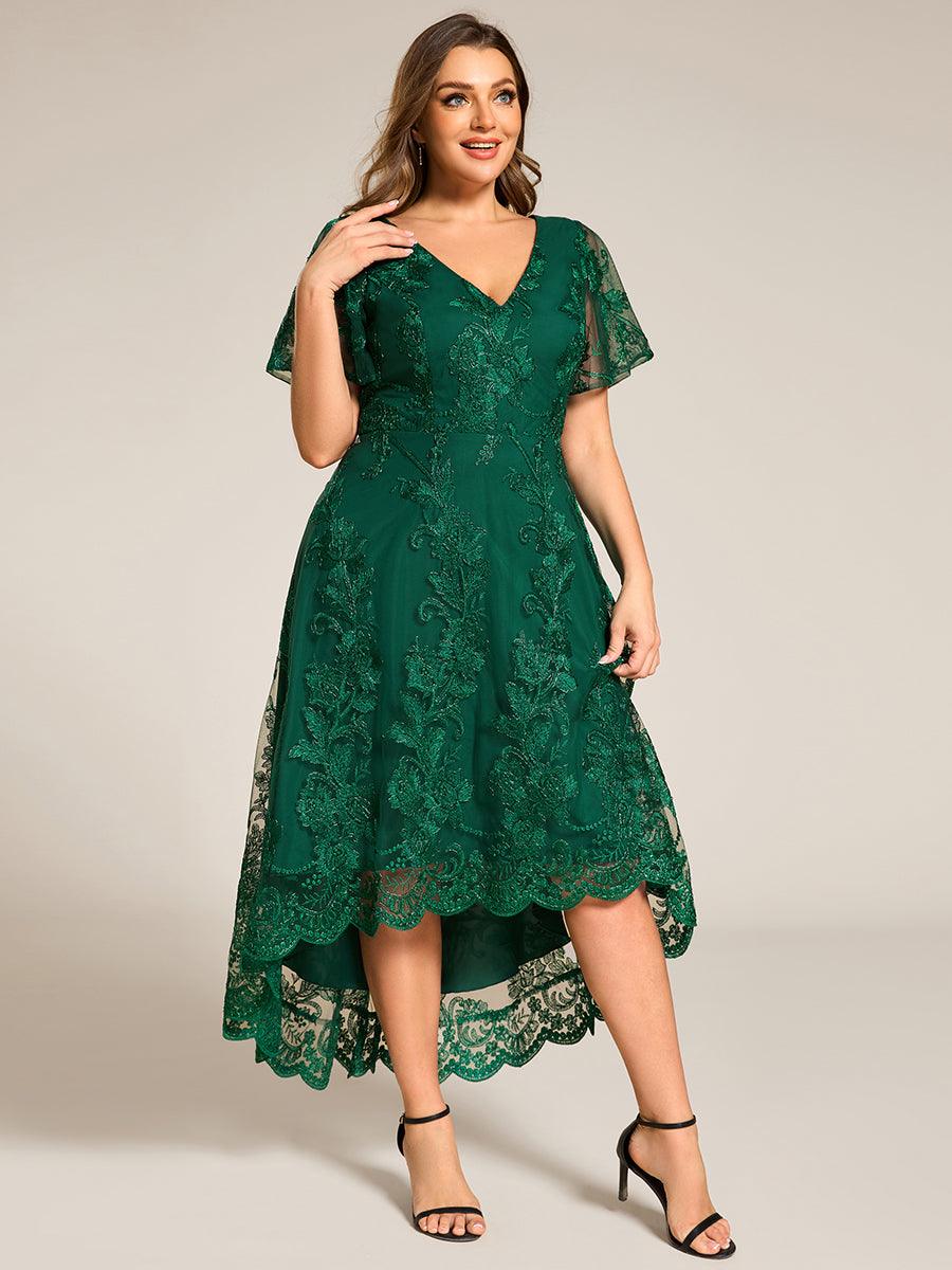 Robe d'invitée de mariage mi-longue à col en V et en maille brodée grande taille? #Couleur_Vert Fonce
