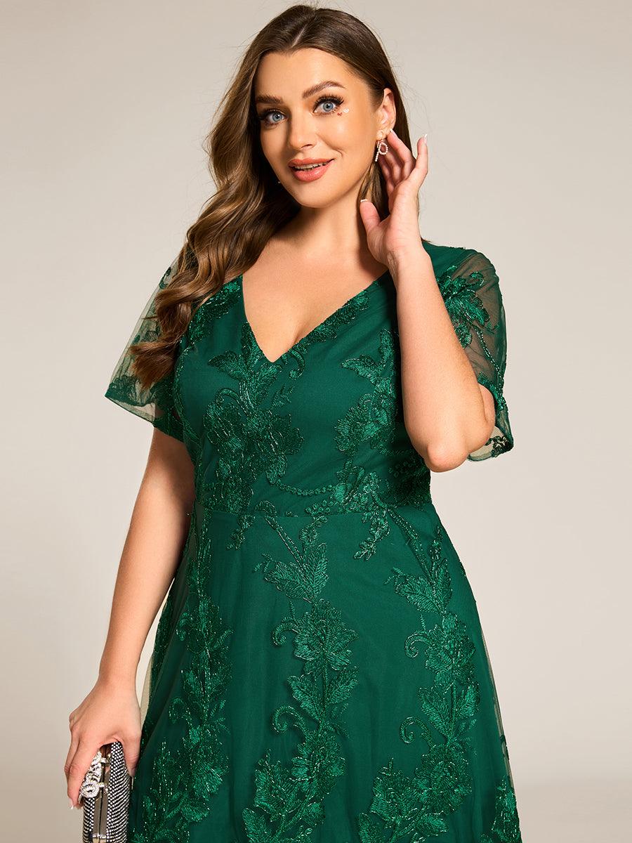 Robe d'invitée de mariage mi-longue à col en V et en maille brodée grande taille? #Couleur_Vert Fonce