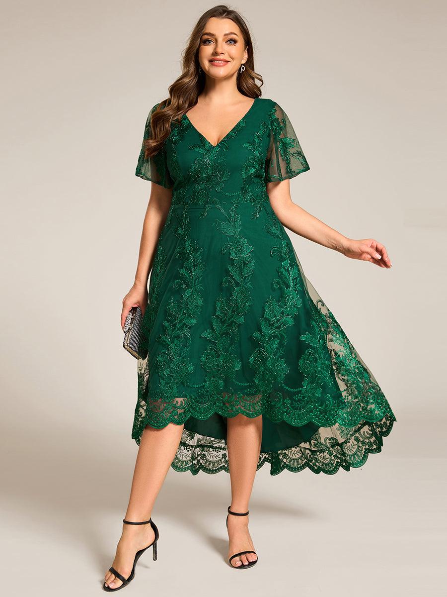 Robe d'invitée de mariage mi-longue à col en V et en maille brodée grande taille? #Couleur_Vert Fonce