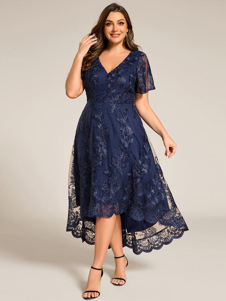 Robe d'invitée de mariage mi-longue à col en V et en maille brodée grande taille? #Couleur_Bleu Marine