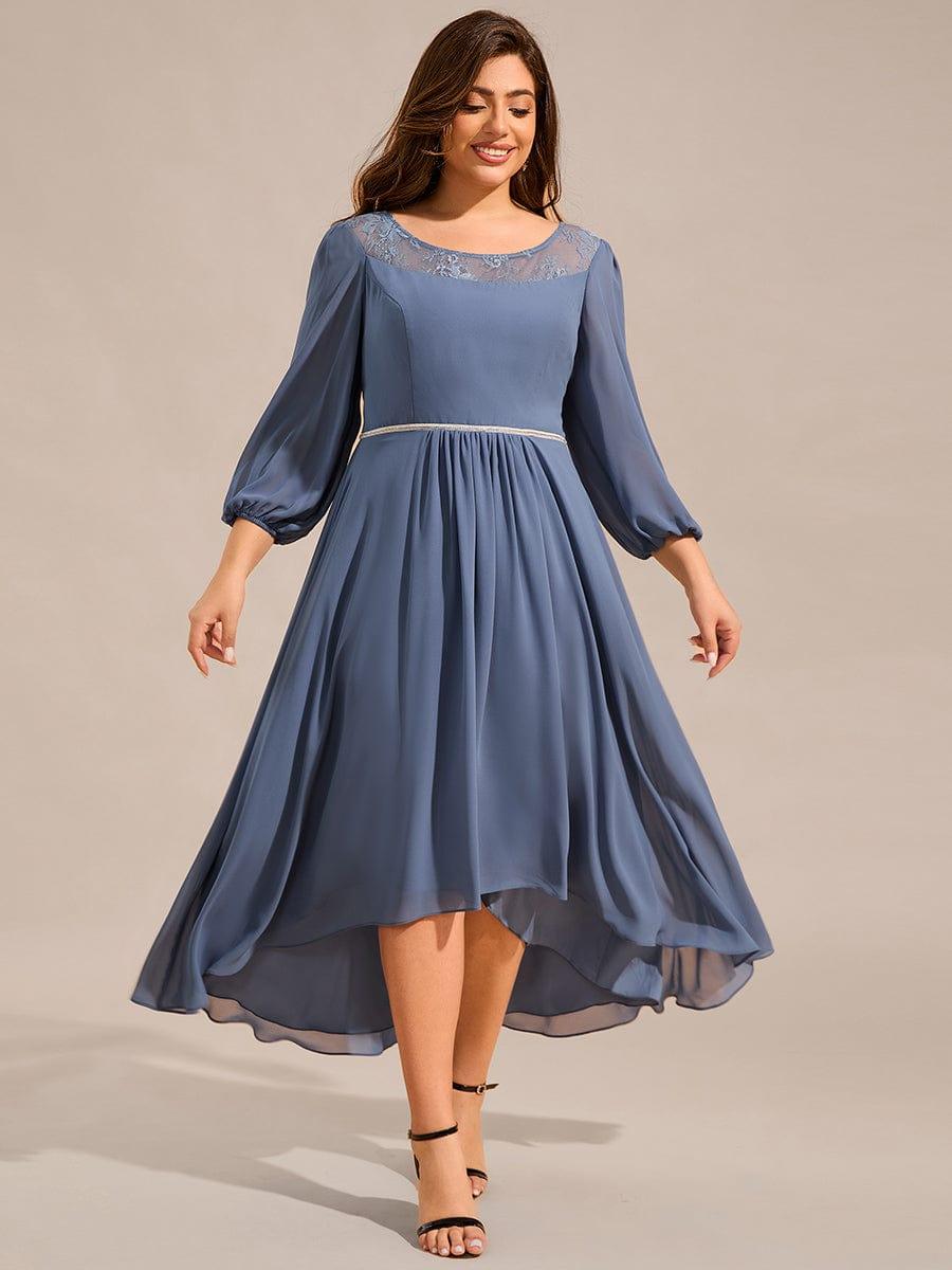 Robe d'invitée de mariage mi-longue en mousseline de soie et dentelle grande taille #Couleur_Marine Fume