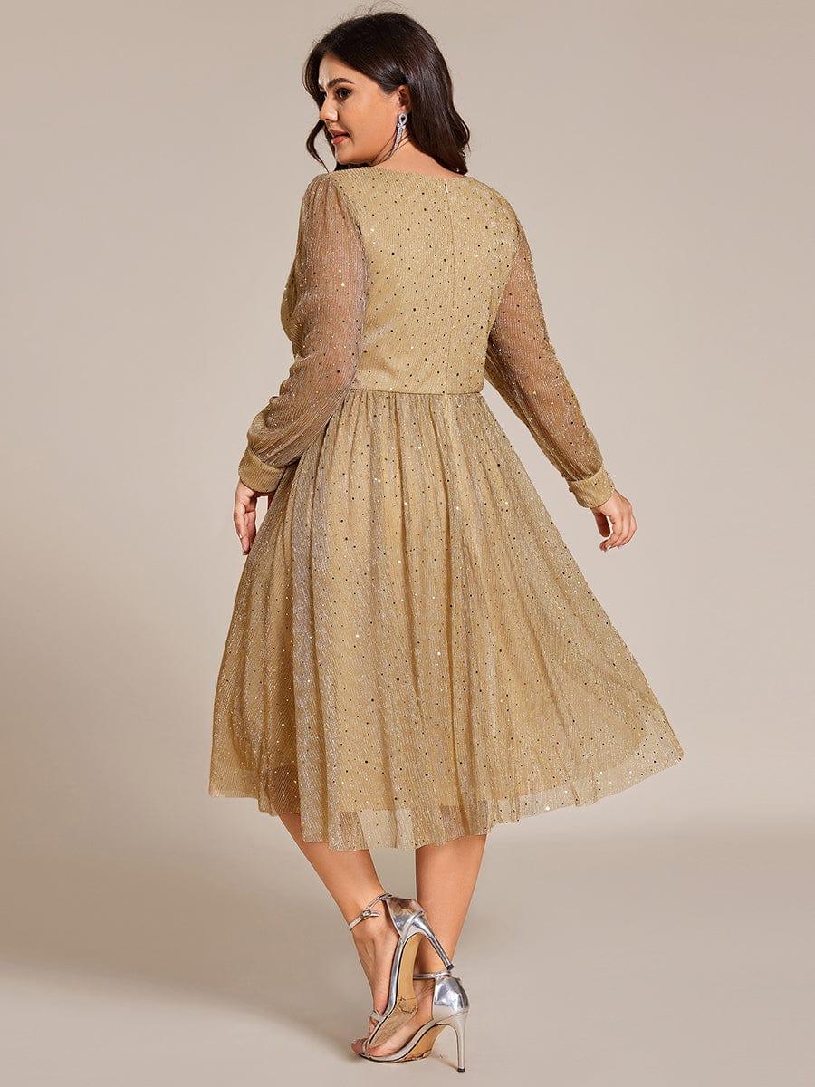 Robe de mariée mi-longue pailletée grande taille à manches longues #Couleur_Or