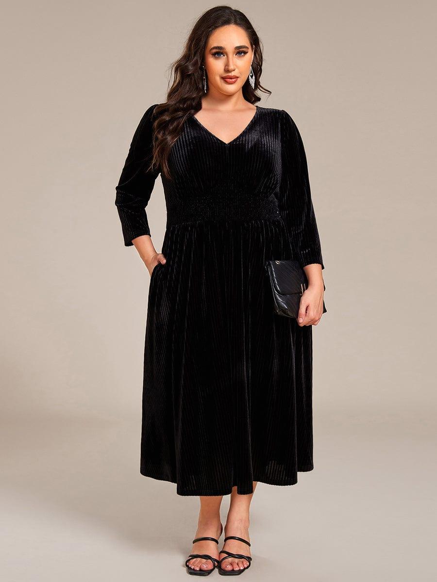 Robe d'invitée de mariage en velours plissé extensible grande taille #Couleur_Noir