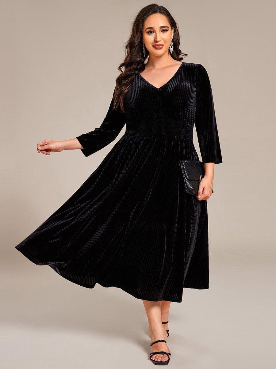 Robe d'invitée de mariage en velours plissé extensible grande taille #Couleur_Noir