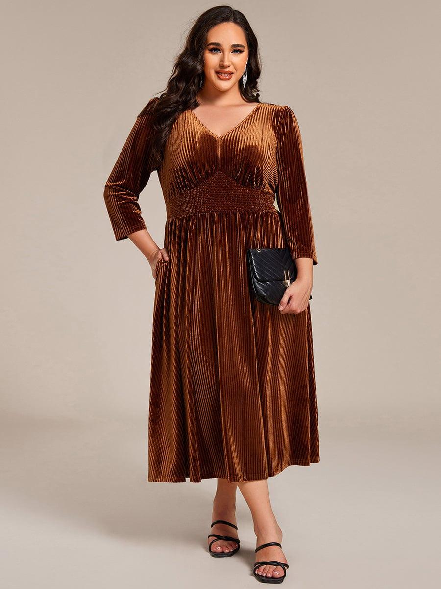 Robe d'invitée de mariage en velours extensible longueur thé #Couleur_Caramel