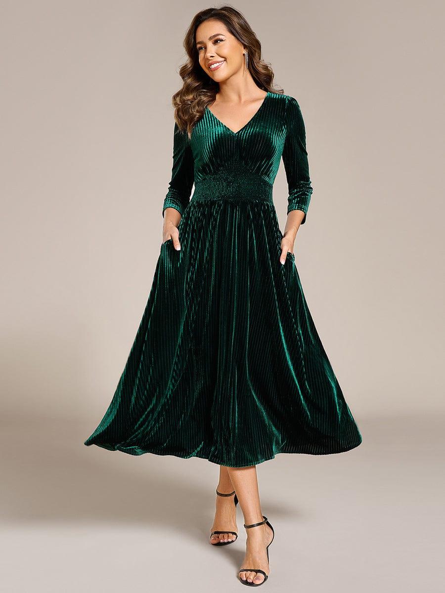 Robe d'invitée de mariage en velours extensible longueur thé #Couleur_Vert Fonce