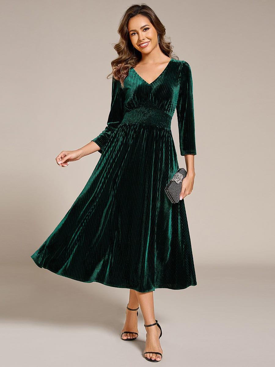 Robe d'invitée de mariage en velours extensible longueur thé #Couleur_Vert Fonce