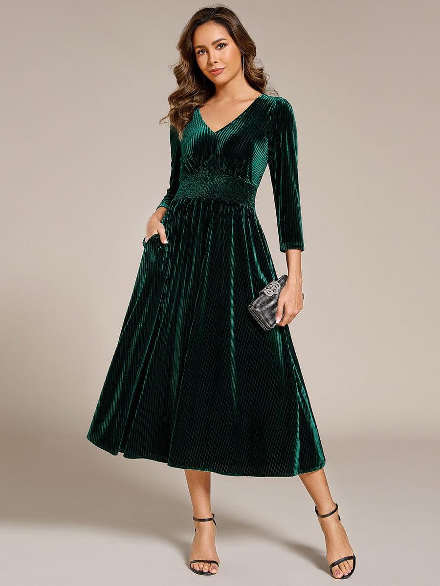 Robe d'invitée de mariage en velours extensible longueur thé #Couleur_Vert Fonce