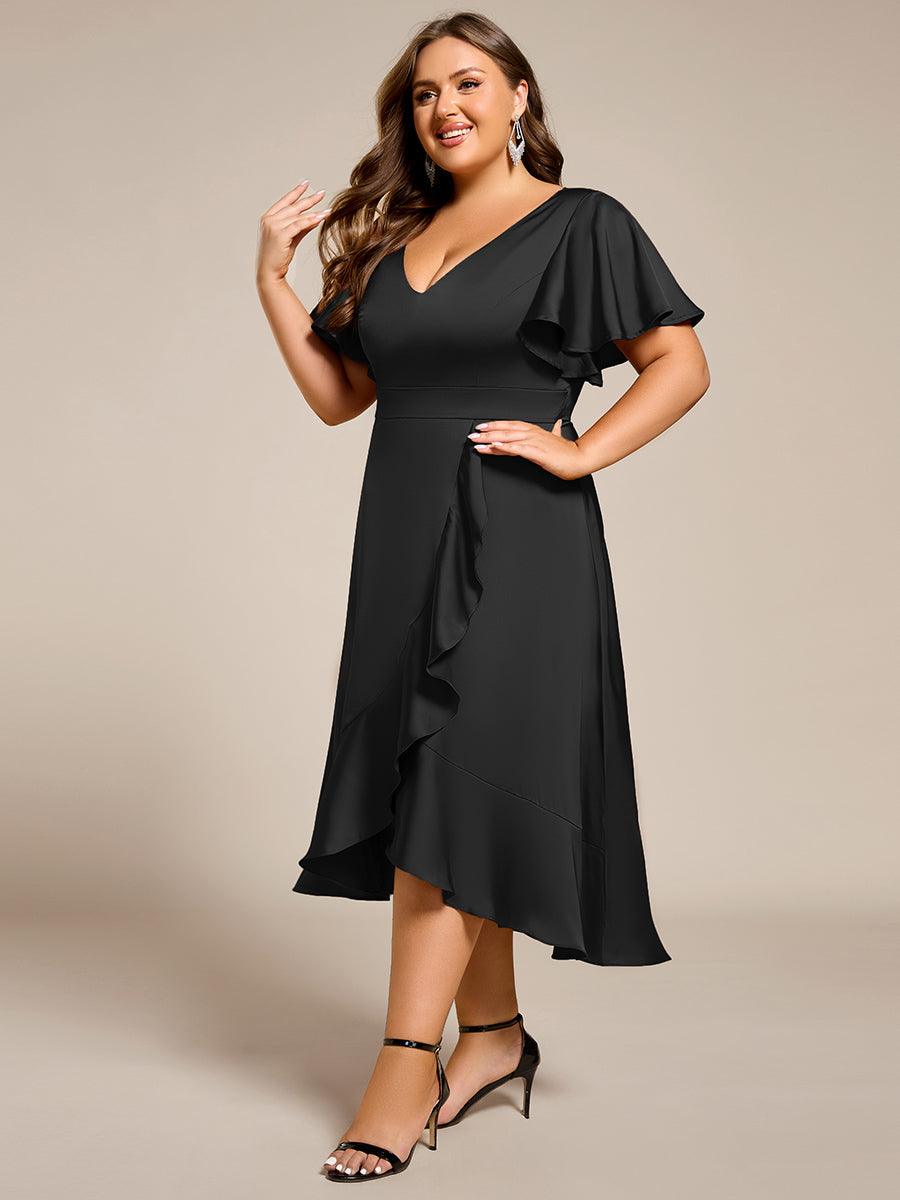 Robe d'invitée de mariage mi-longue en satin avec encolure en V et jupe à volants #Couleur_Noir